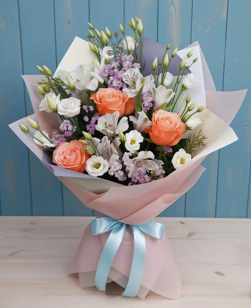 Букет цветов из: Лизиантусы, Розы, Альстромерии и Гипсофила в Любучаны