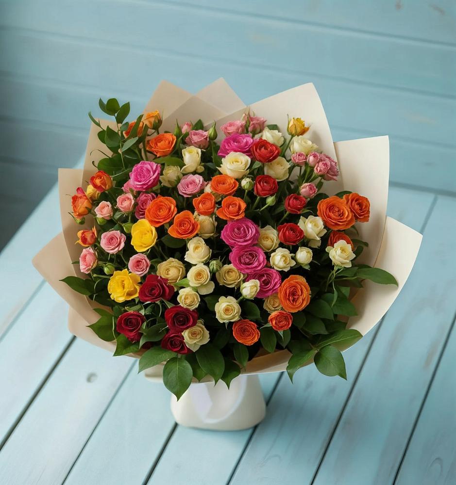 Букет Микс из разноцветных кустовых роз в Любучаны