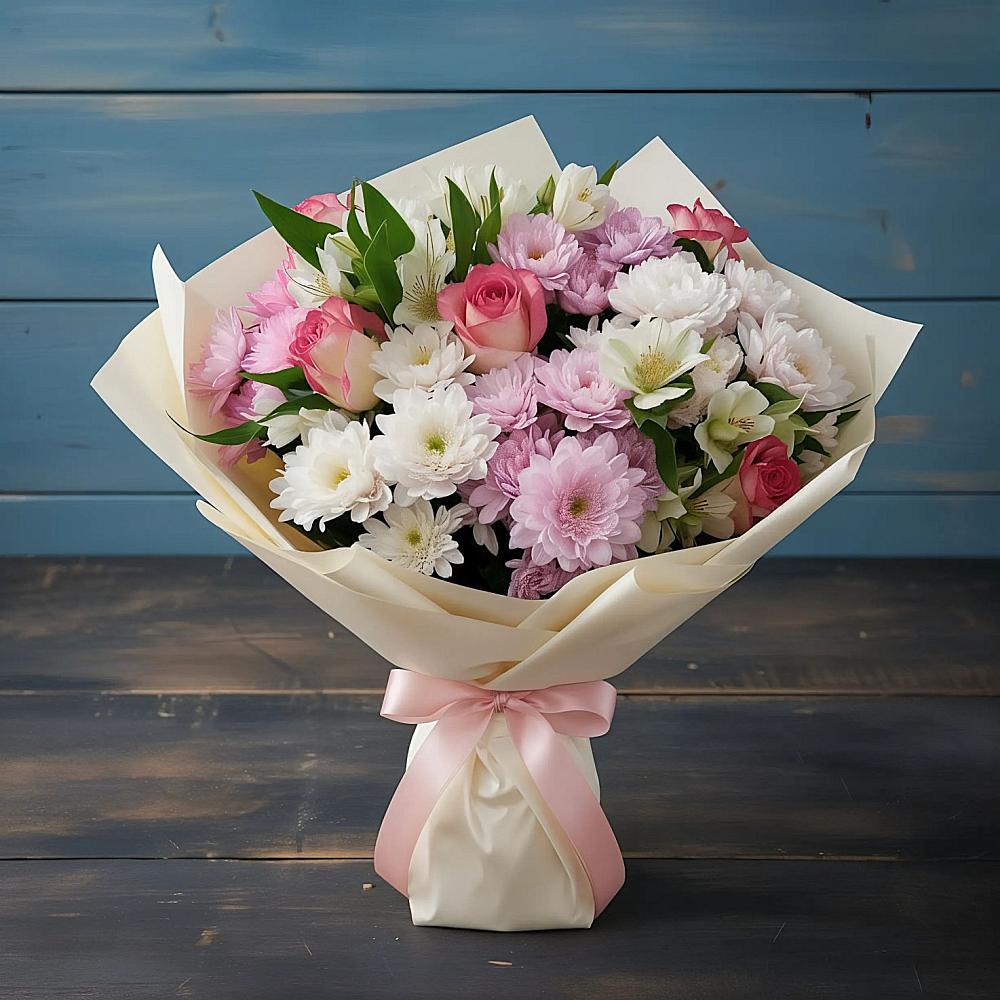 Букет цветов из: Хризантемы, Альстромерии и Розы в Любучаны